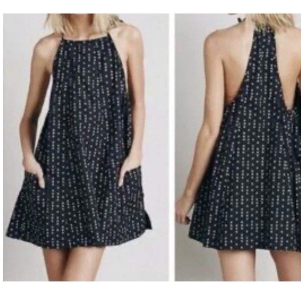 Free People Boho Halter Open Back Mini Dress Geometric Print Pockets Grey Black